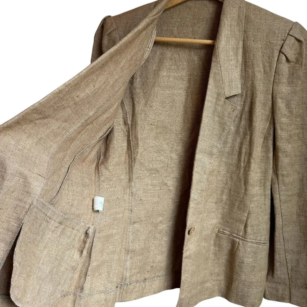 Vintage Linen Blazer Puff Shoulder Union Made USA Womens Size 4
